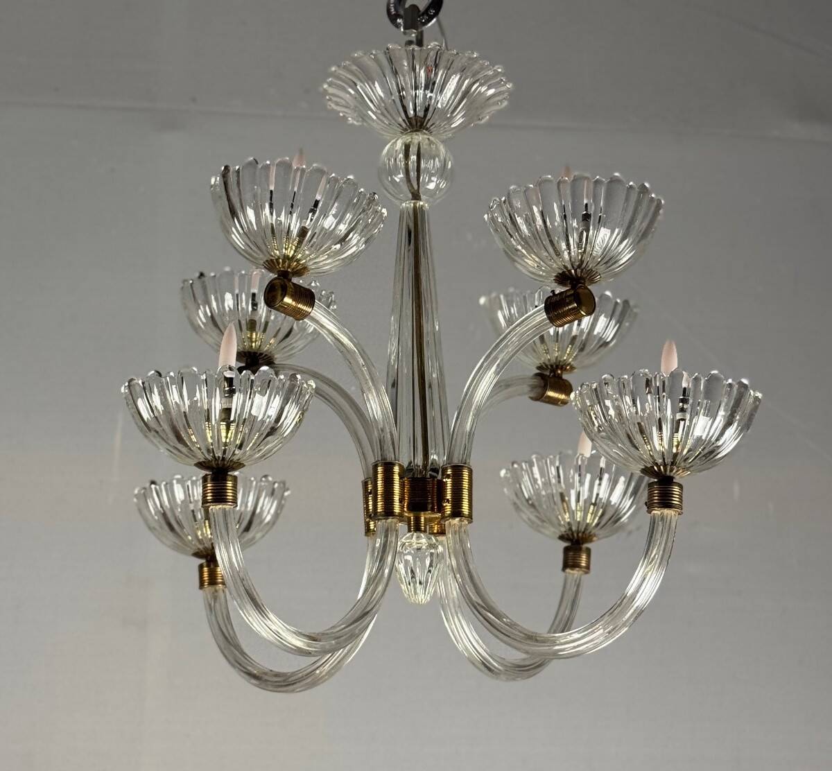 Venetian Chandelier in Colorless Murano Glass and Brass Circa 1950
