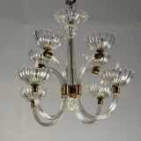 Venetian Chandelier in Colorless Murano Glass and Brass Circa 1950