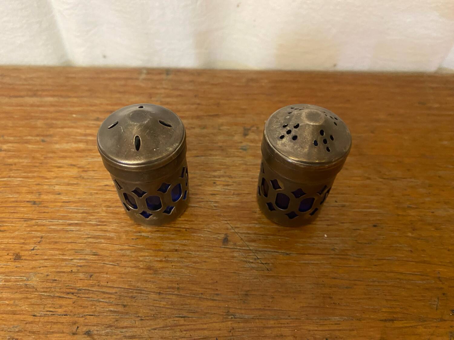 Pair of Antique Silver Metal Salt Cellars + Cobalt Blue Glass Salt and Pepper Shakers