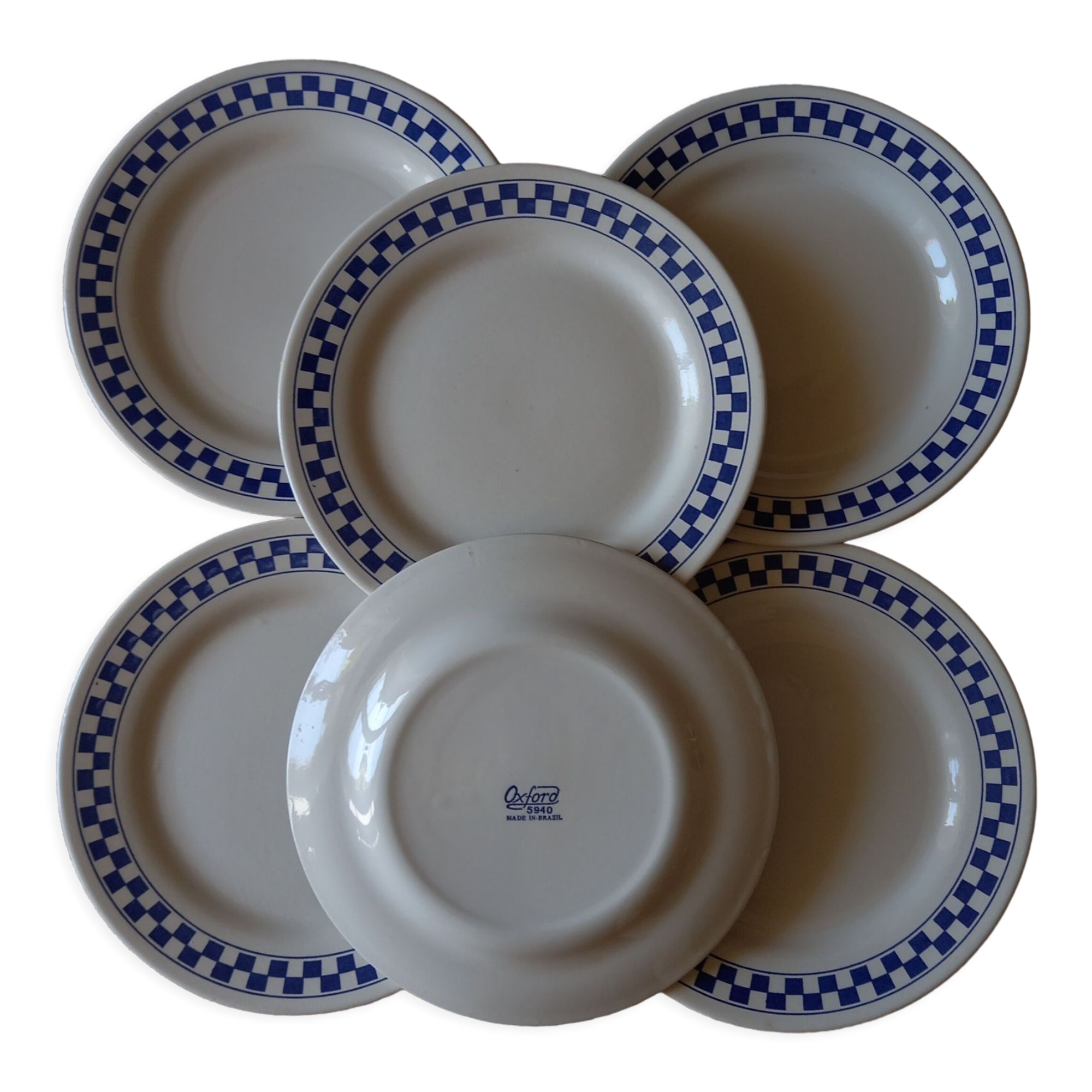 6 dessert plates blue checkerboard décor style Lustucru Oxford Brazil