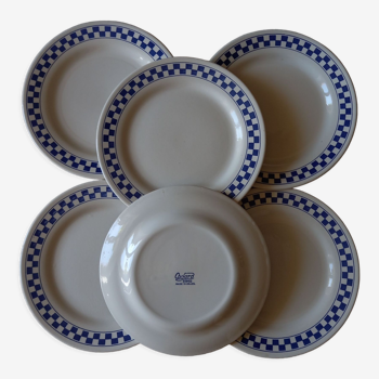 6 dessert plates blue checkerboard décor style Lustucru Oxford Brazil