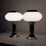 Pair of vintage futuristic style table lamps in chrome and opal glass.