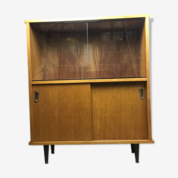 Buffet bas avec vitrine en placage bois marron des années 50