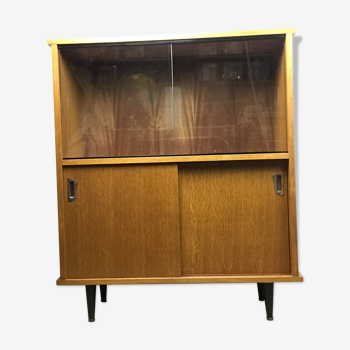 Low buffet with showcase in veneer wood brown of the 1950s