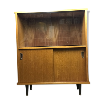 Low buffet with showcase in veneer wood brown of the 1950s