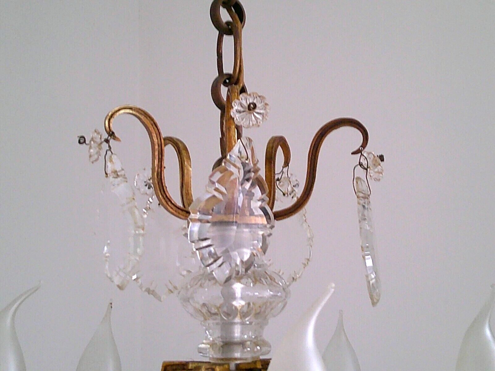 French antique bronze glass & crystal 5 light cage chandelier 4032