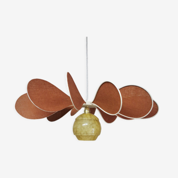 Pendant light flower 12 blades linen, rattan and glass globe of Clichy