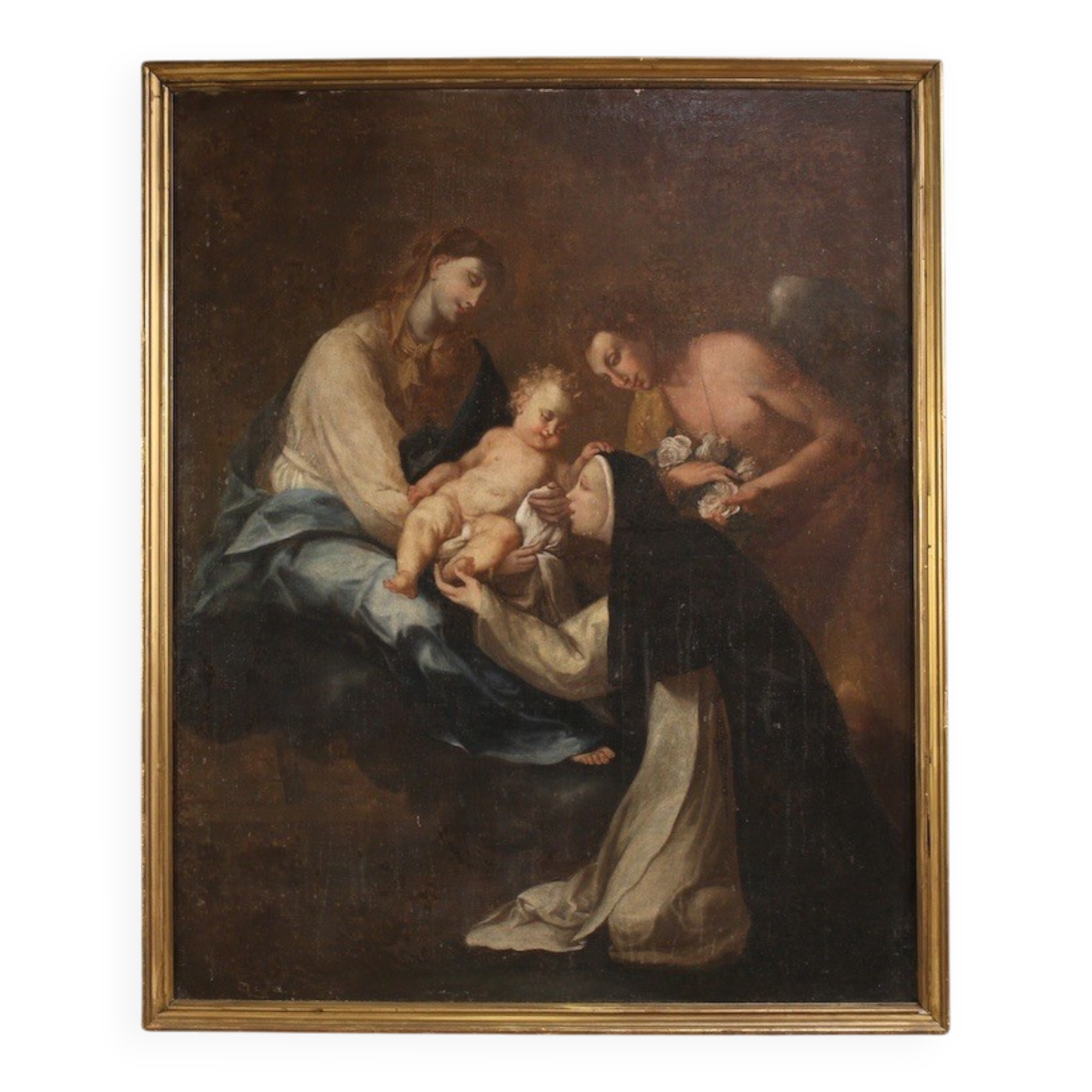 Peinture antique Adoration de Sainte Rose de Lima avec la Madone et l'Enfant