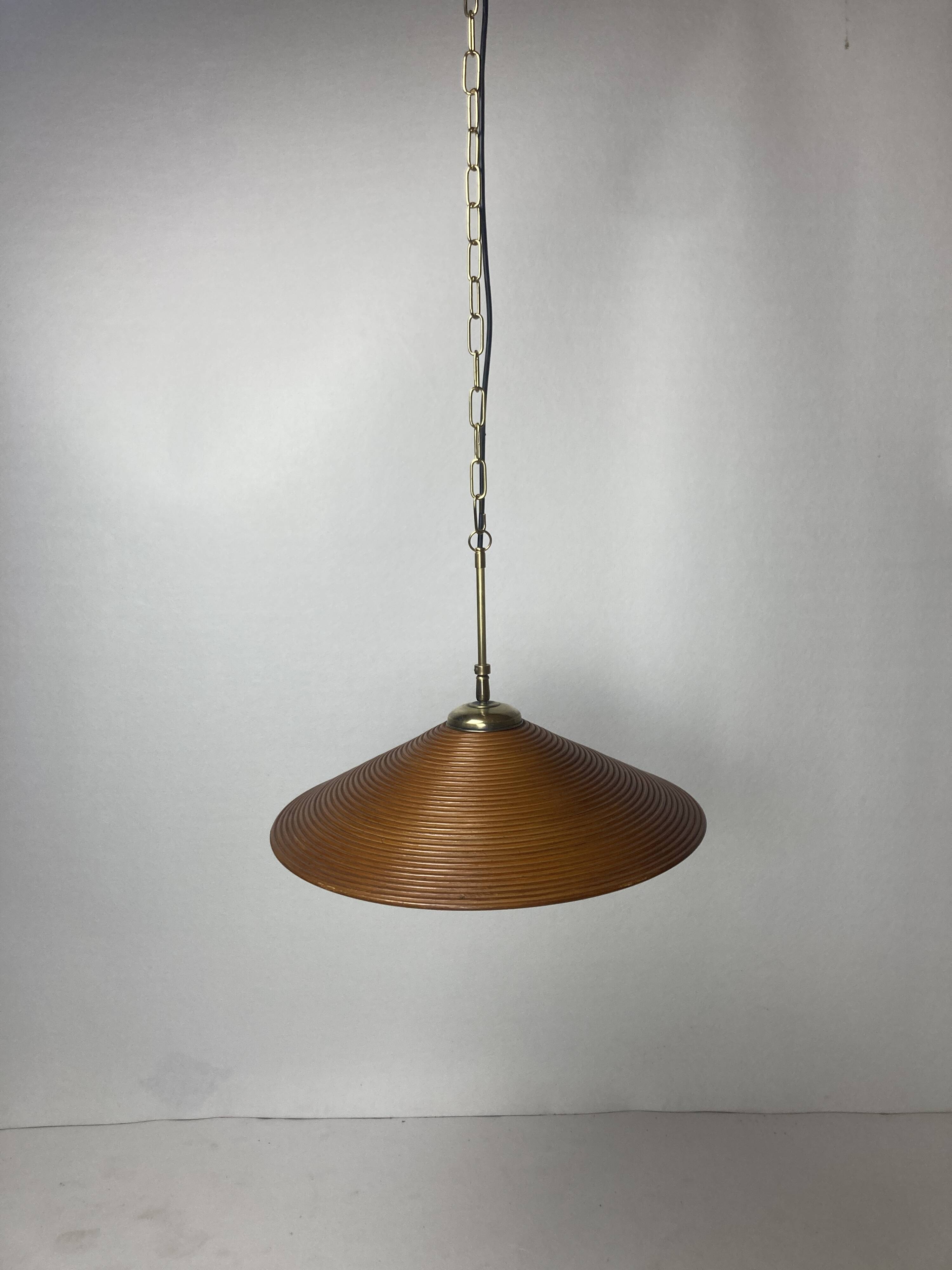 Pencil Split Reed, Rattan, Bamboo & Brass hanging Pendant Lamp, 1970s