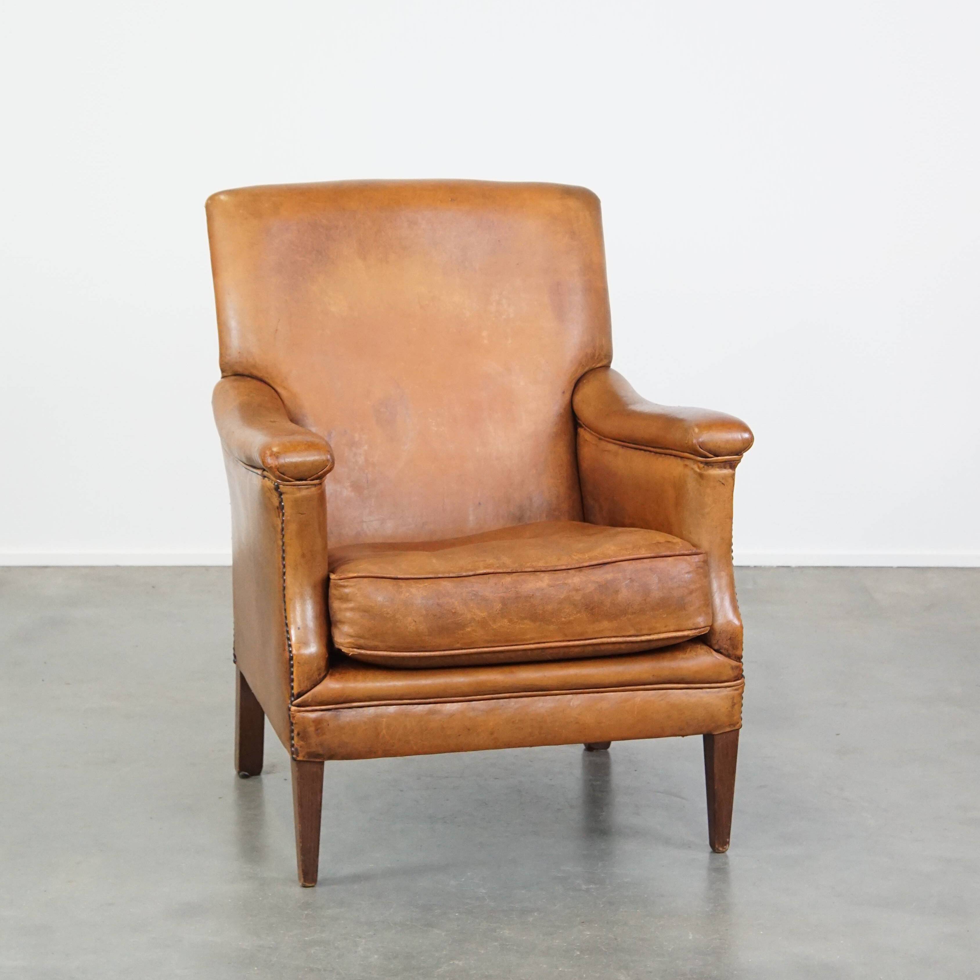 Cognac-Colored Sheepskin Leather Armchair with Straight Lines