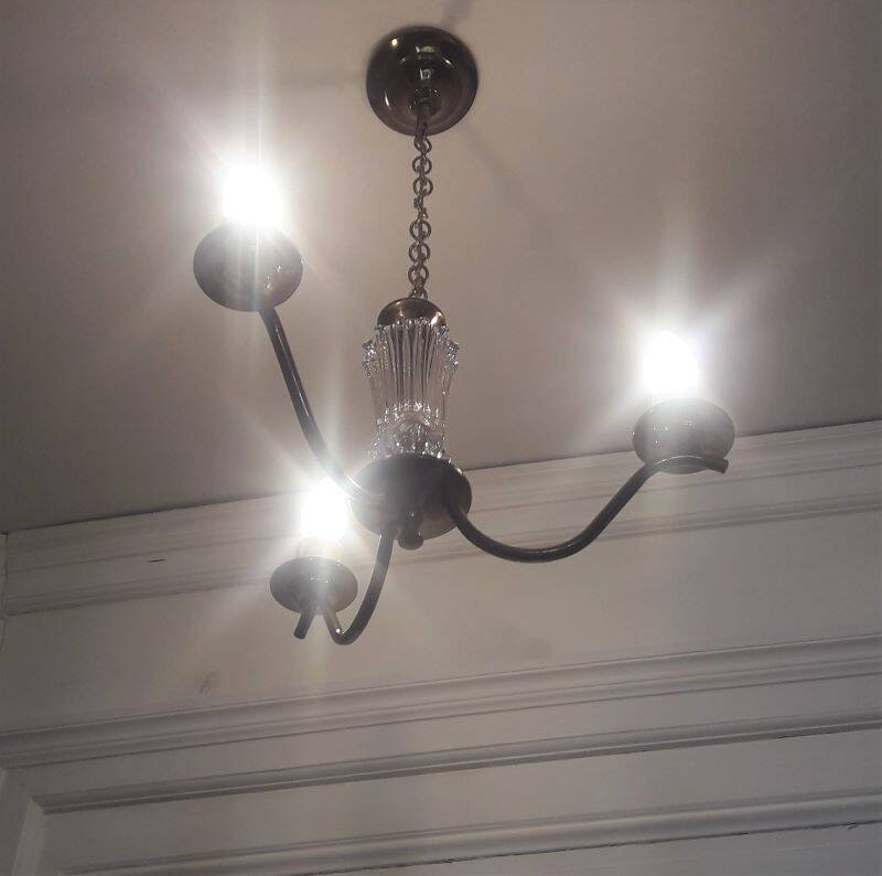 Chandelier 1950, 1960 3 lights gold metal and glass