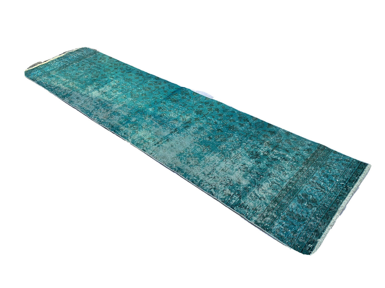 Distressed Turkish Narrow Runner 304 x 76 cm Wool Vintage rug, Overdyed Turquoise