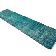 Distressed Turkish Narrow Runner 304 x 76 cm Wool Vintage rug, Overdyed Turquoise