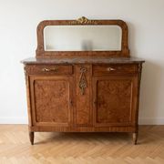 Buffet ancien en ronce de bois avec marbre et miroir
