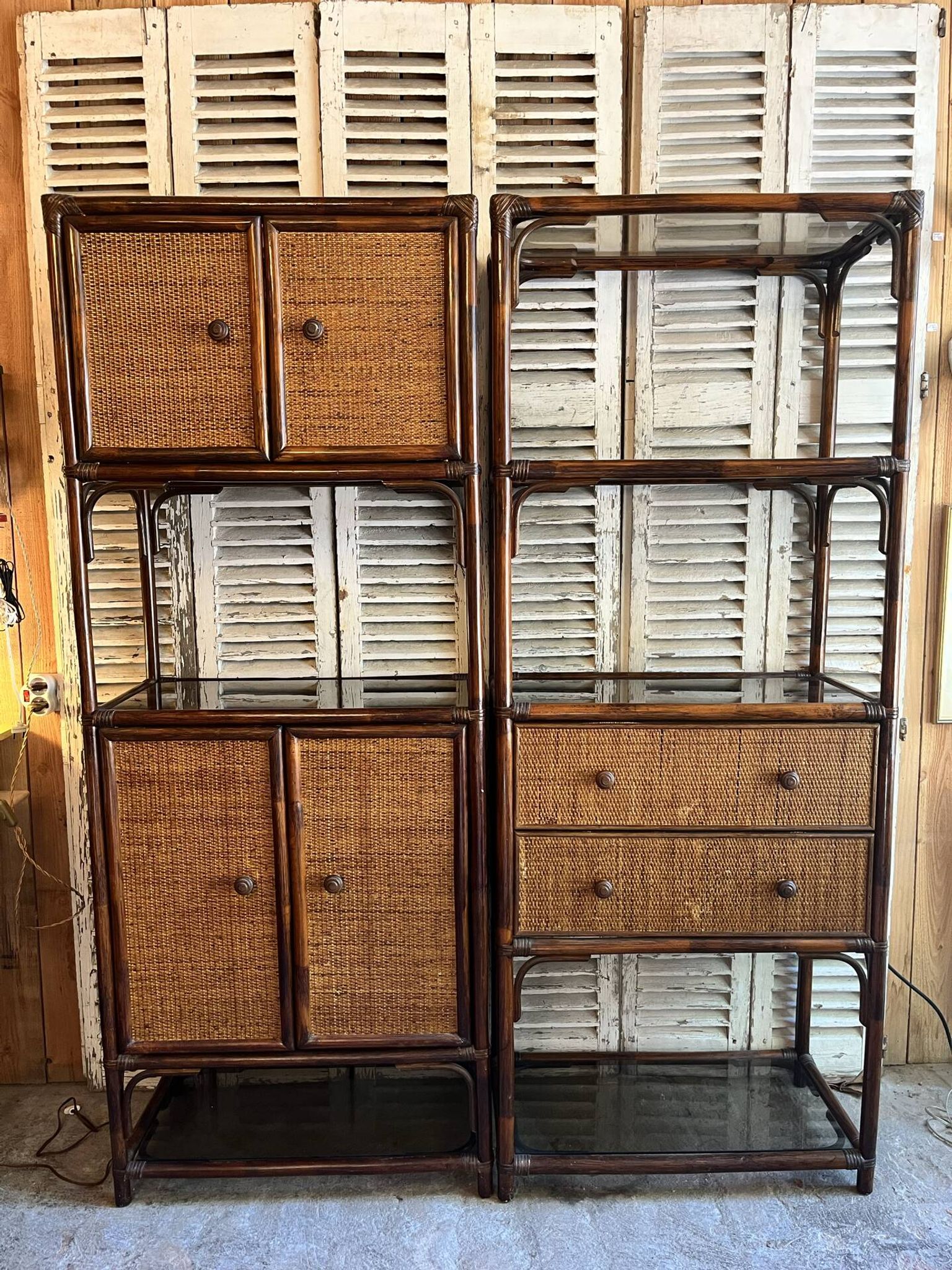 Vintage rattan shelving unit