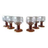 Set of 6 vintage stemmed glasses, amber base