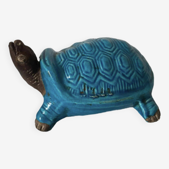 Blue glazed ceramic turtle paperweight