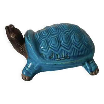 Blue glazed ceramic turtle paperweight