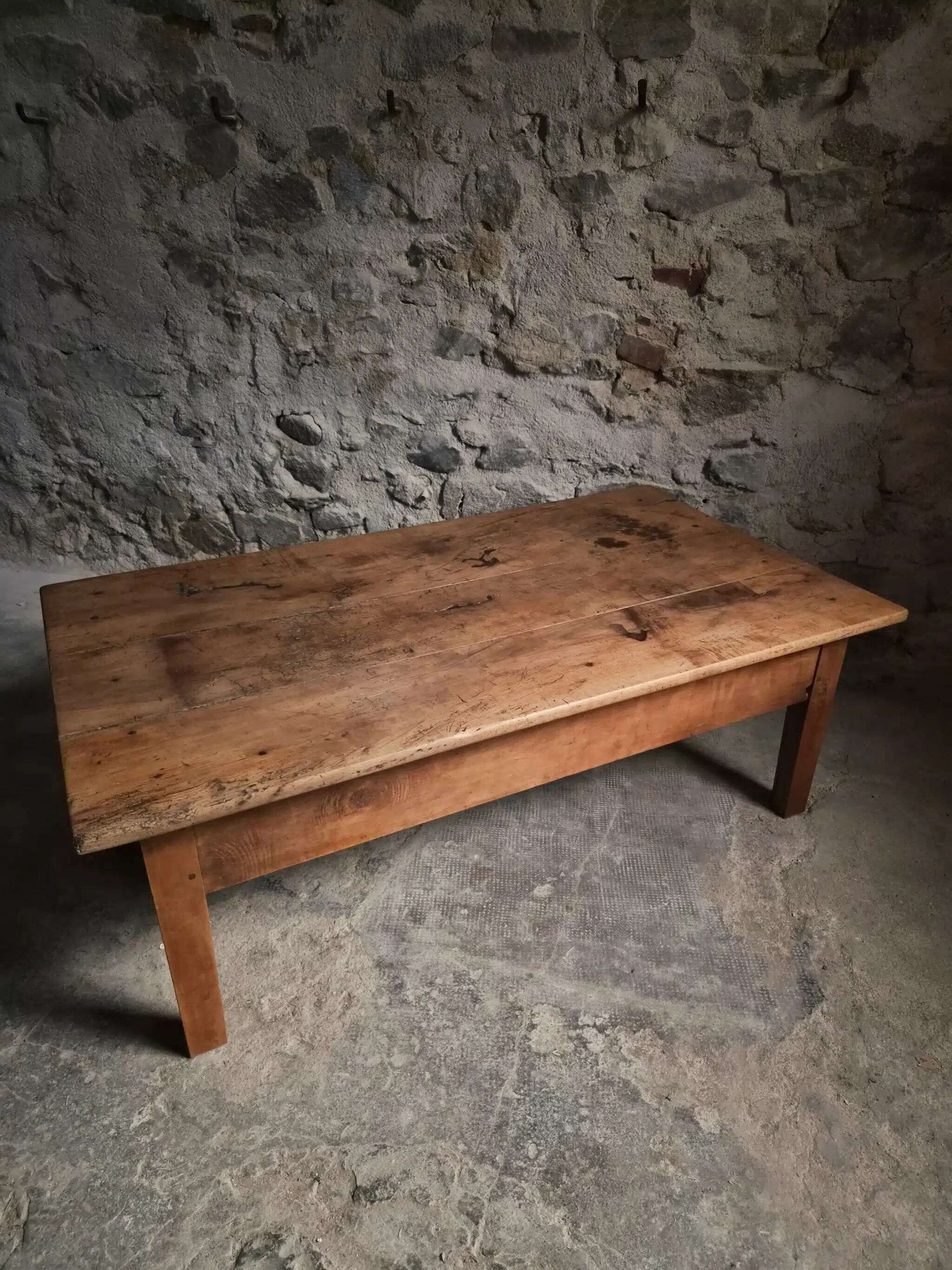 Antique cherry coffee table, rustic farmhouse table with drawer, circa 1750–1800.