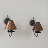 Pair of vintage wall lights, copper and black lacquered metal, France, 1970.