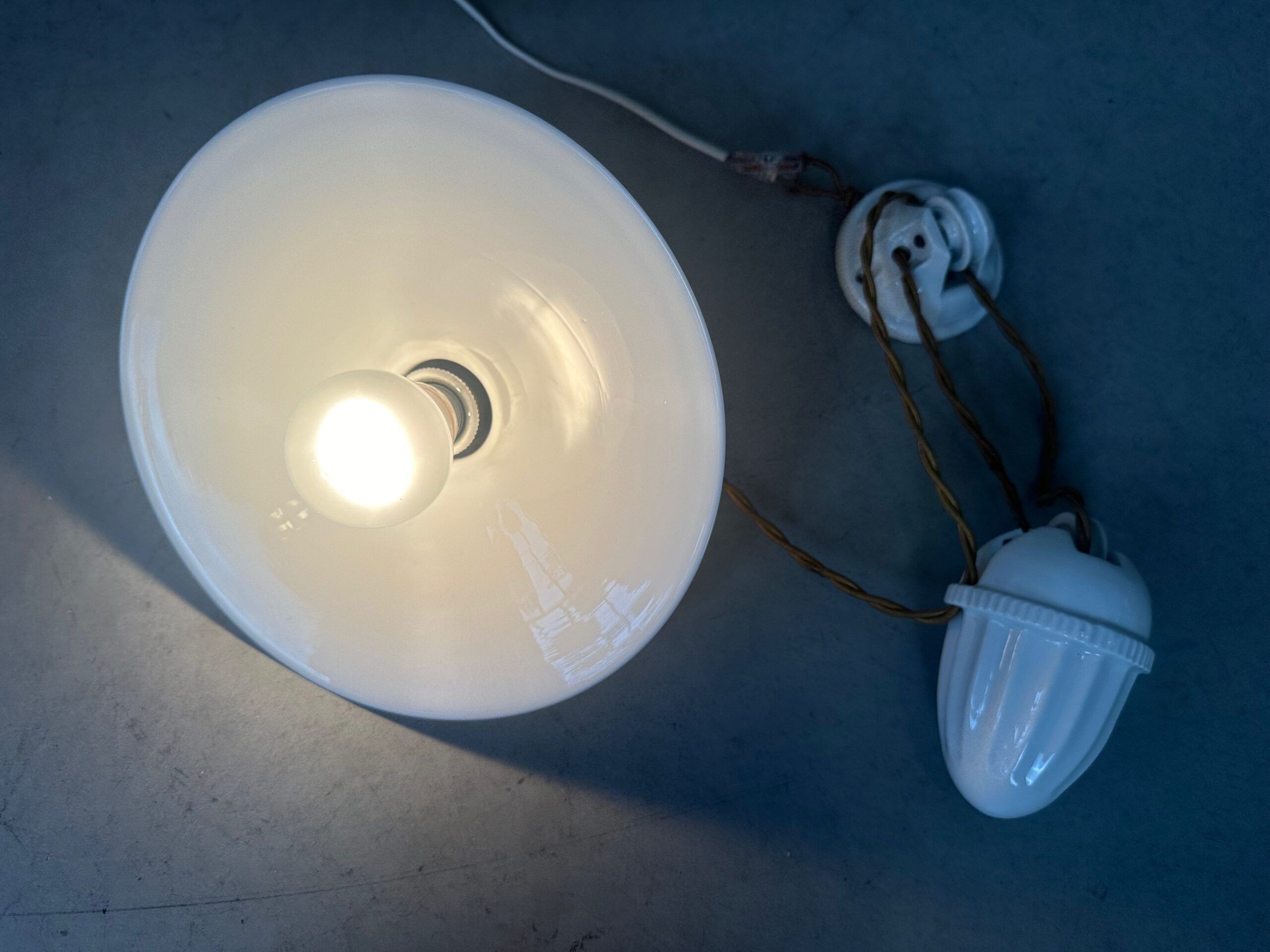 Antique adjustable pendant lamp – opaline and porcelain