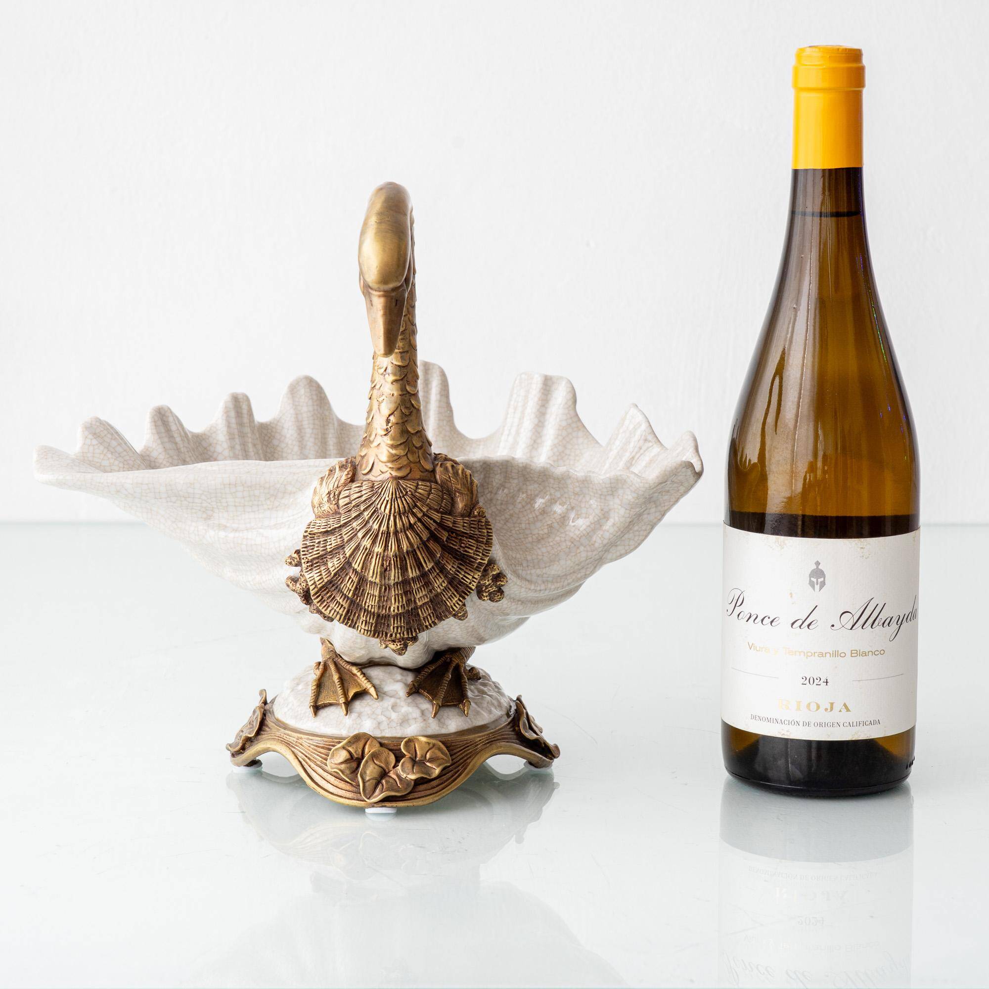 Sculptural Art Nouveau Swan Coupe in Crackled Glazed Porcelain and Gilded Metal