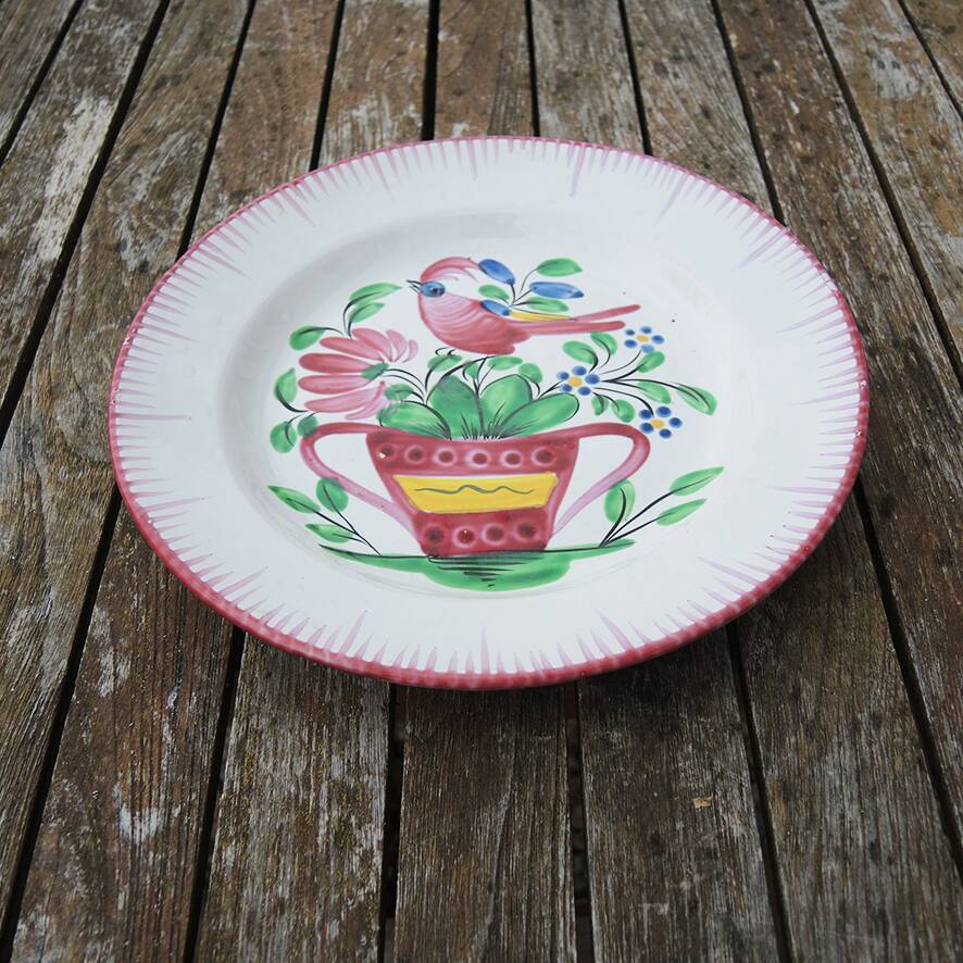 Antique Hand Painted Earthenware Flat Plate - Rooster on Basket of Flowers