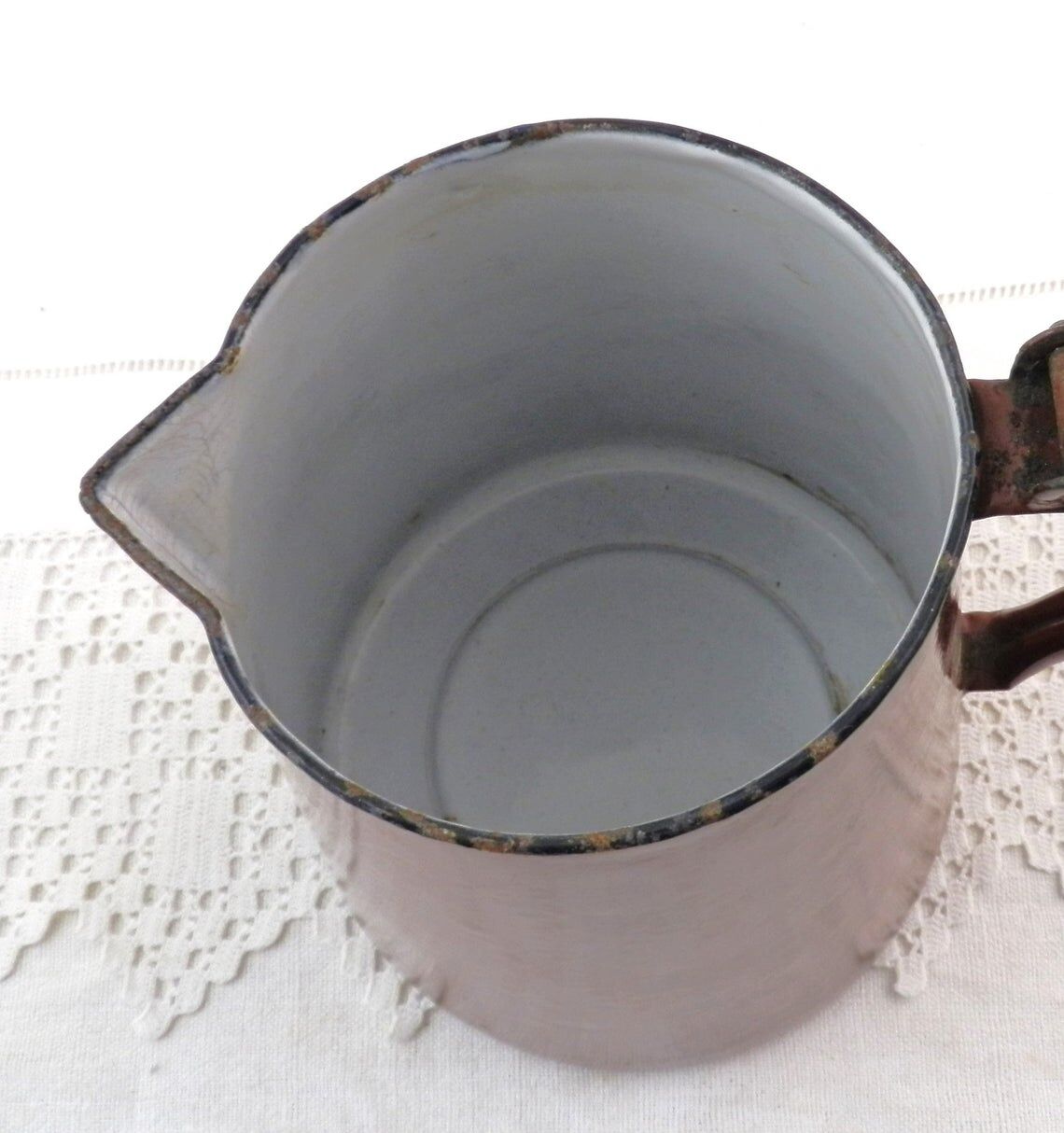 French vintage chocolate brown enamel lidded pitcher