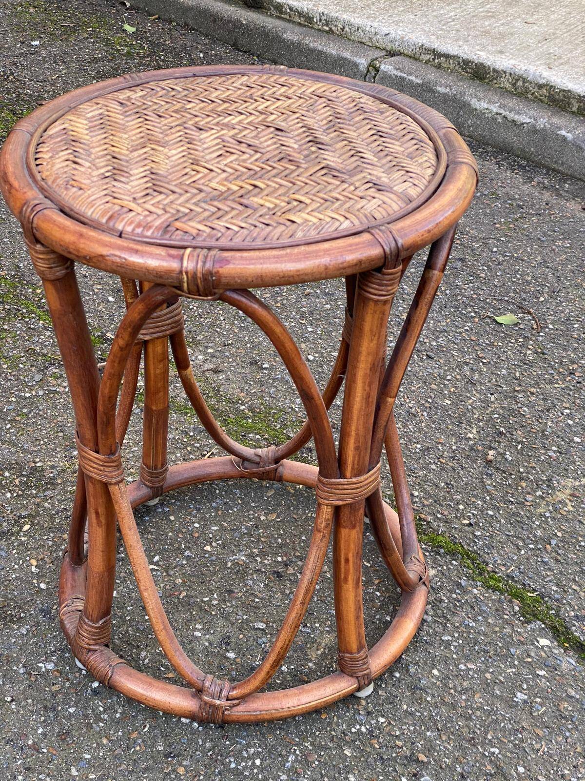Vintage round stool in bamboo, rattan, and wicker.