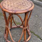 Vintage round stool in bamboo, rattan, and wicker.