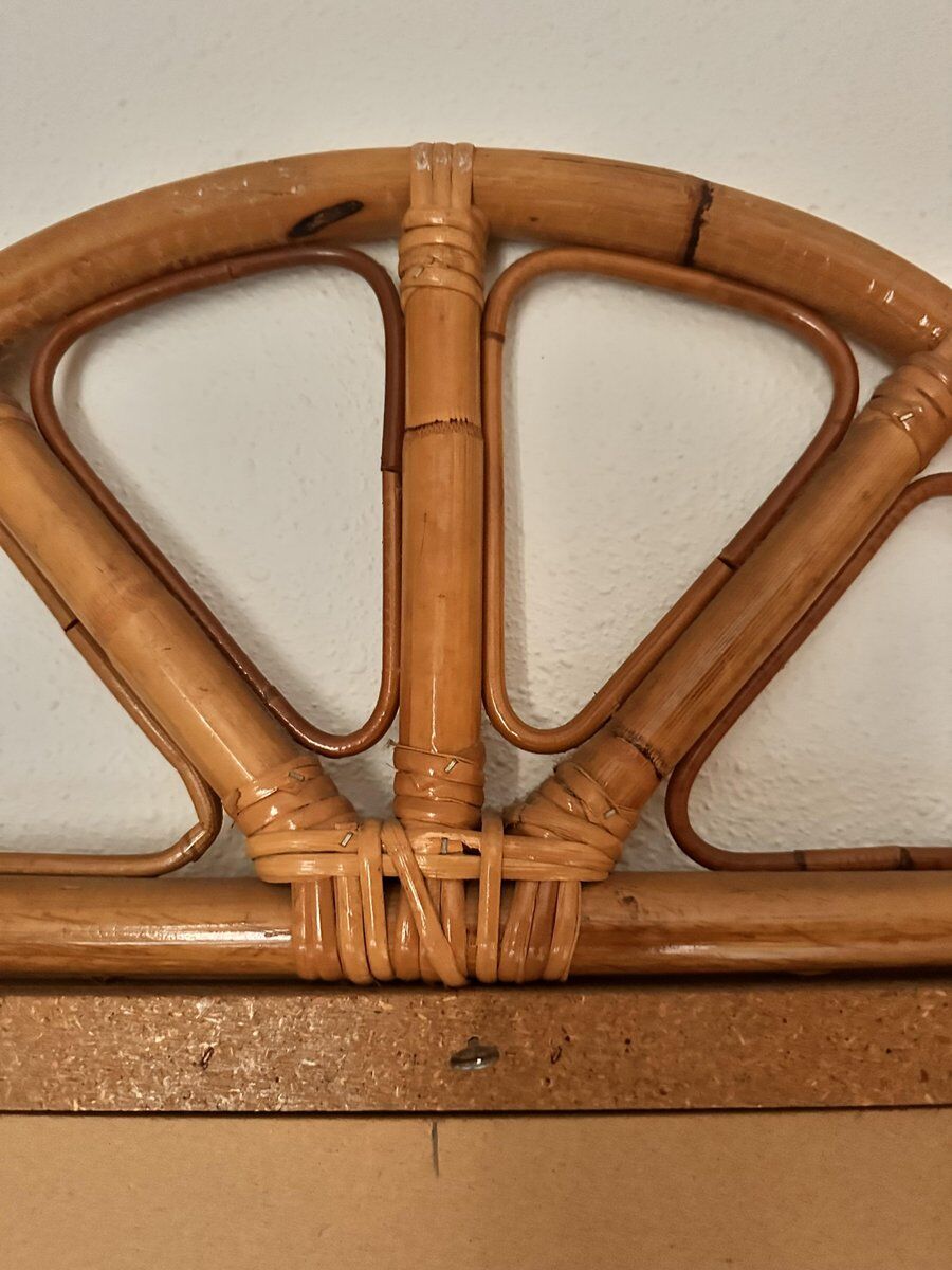 Curved half-moon console in rattan and bamboo with mirror by Vivai del Sud, Italy, 1960s.