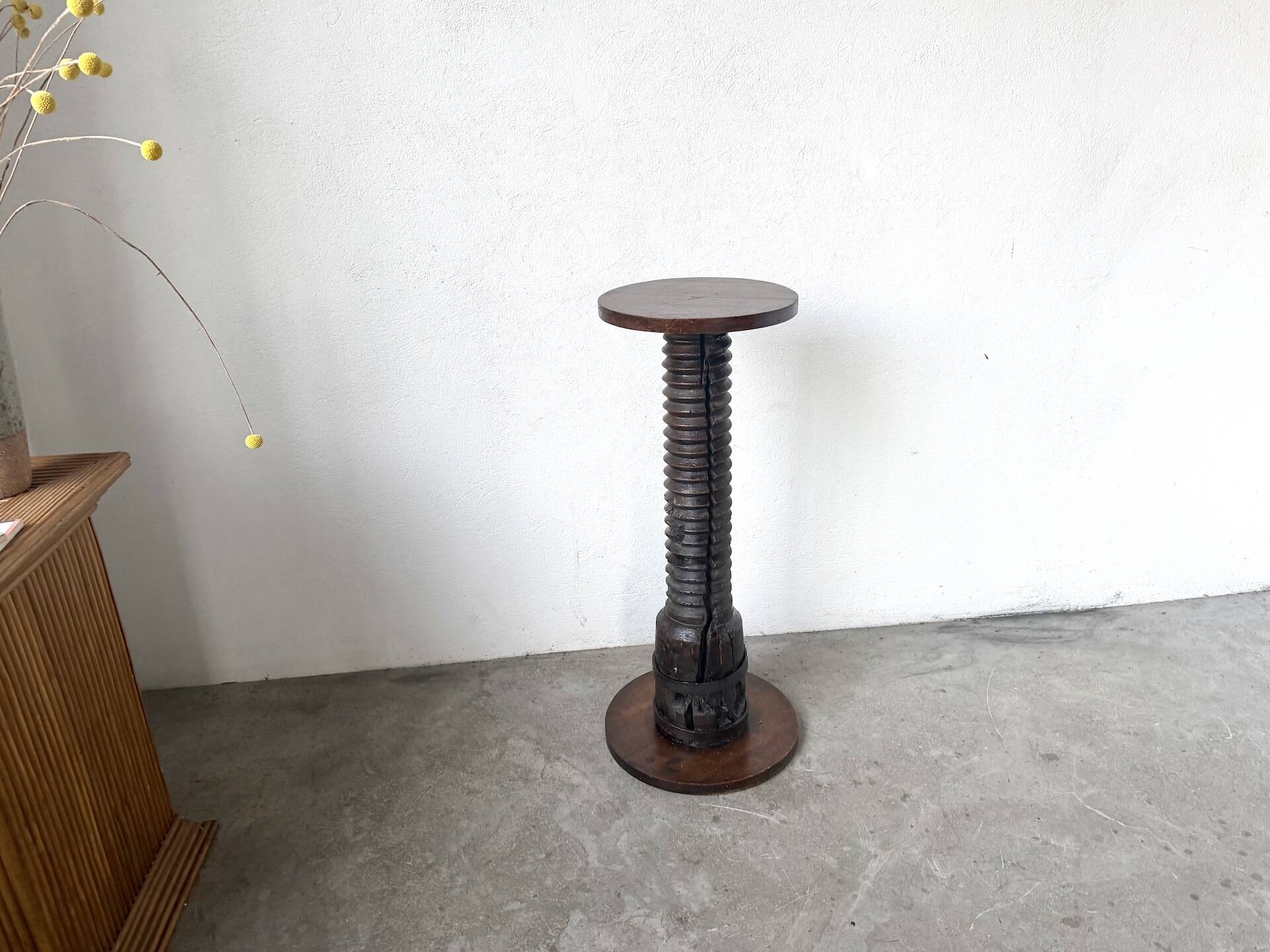 Solid oak press stool, metal base, 19th century.