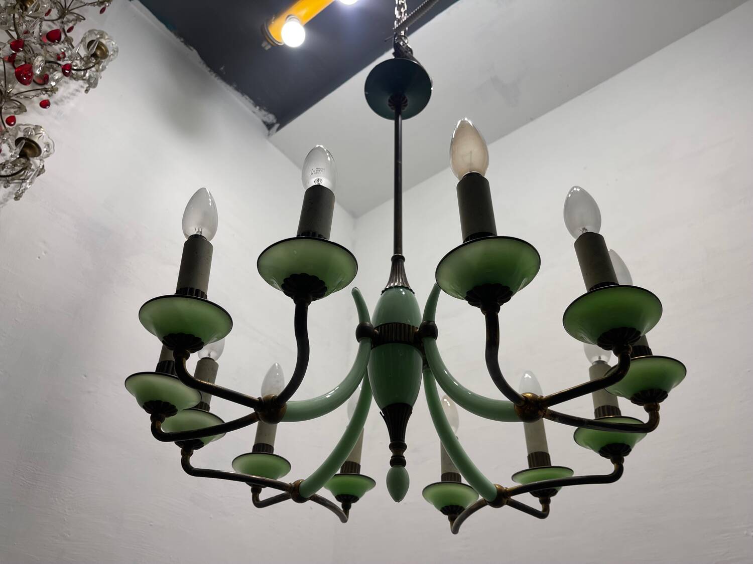 1950’s Opaline Glass Bronze Chandelier