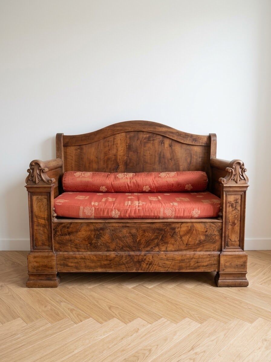 Traditional two-seater bench in solid wood with storage compartment.