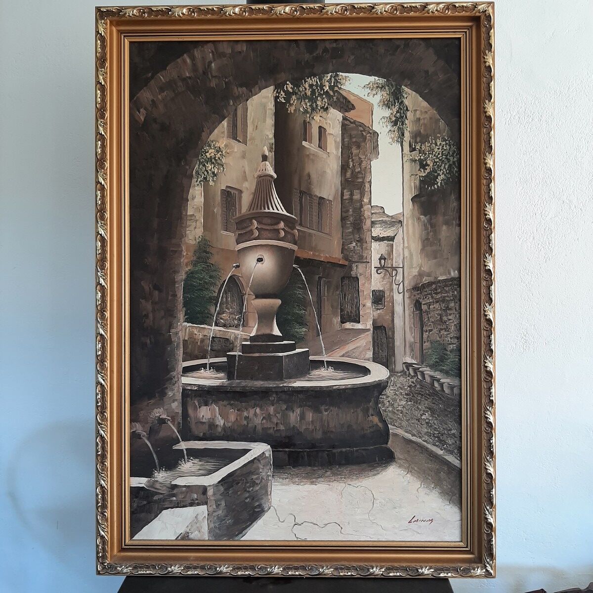 Painting on canvas, Fontaine Saint Paul de Vence signed LAINAS