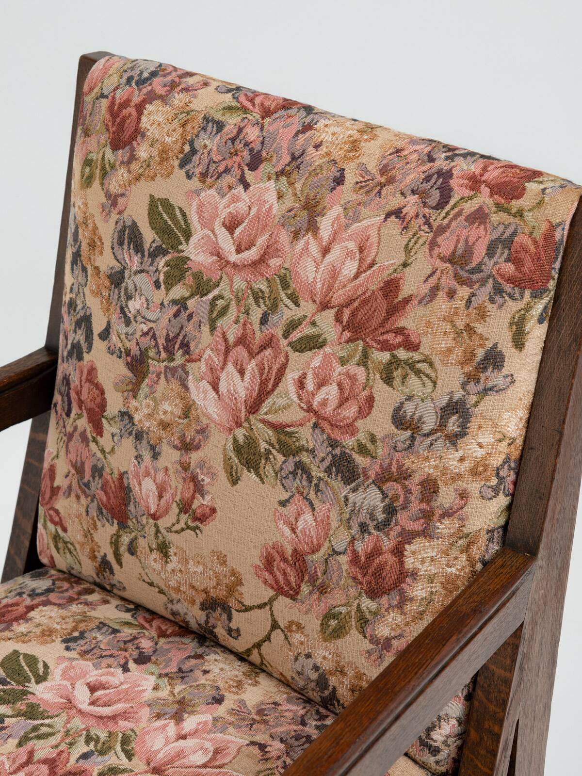Art Nouveau Armchair in Oak with Floral Upholstery, Belgium, 1900s