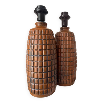 Stoneware table lamps with structured relief by Arnold Wiigs, Norway, 1970s, set of 2