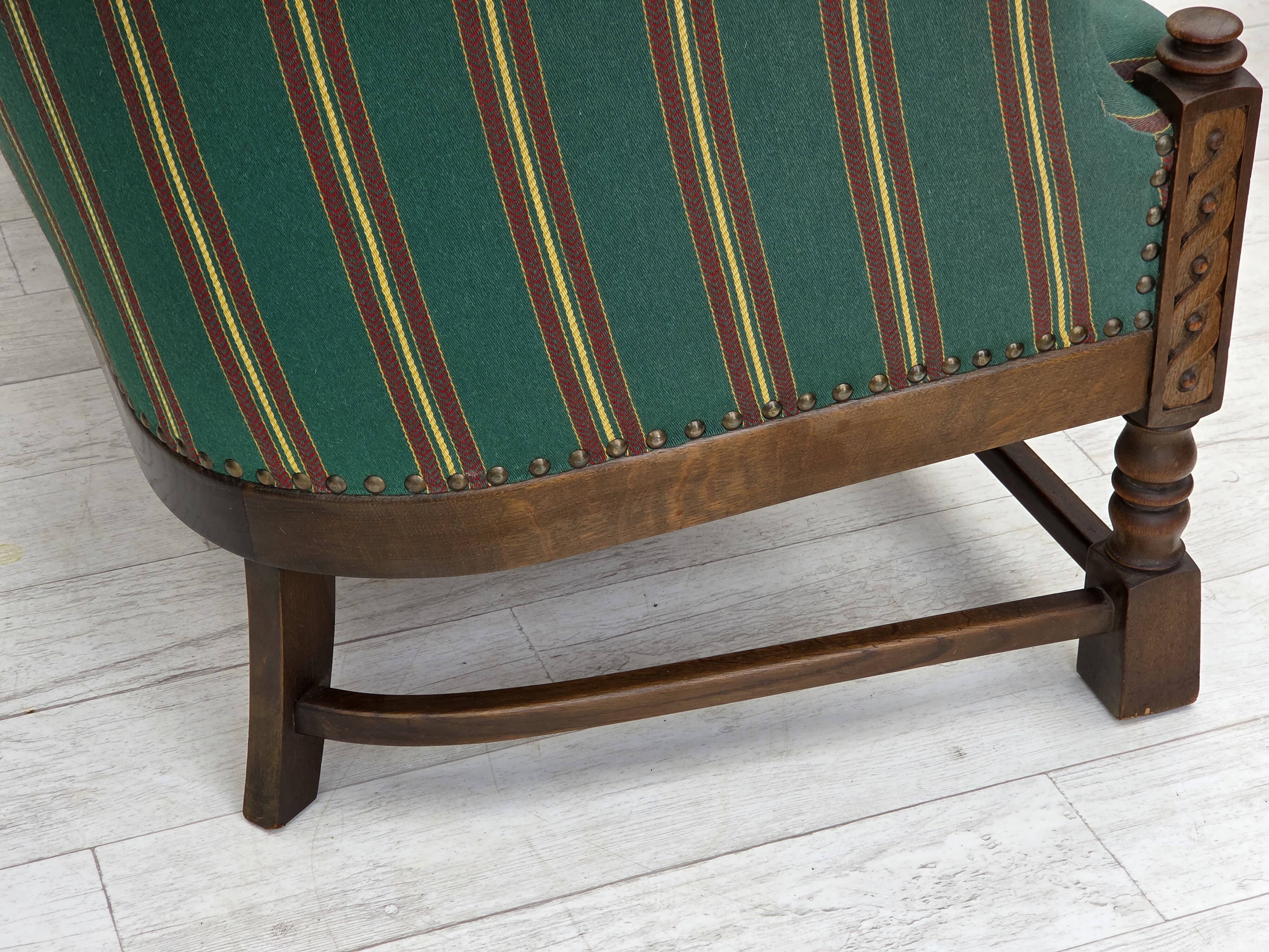 1950s, Danish 2-seater sofa, green furniture wool, oak wood.