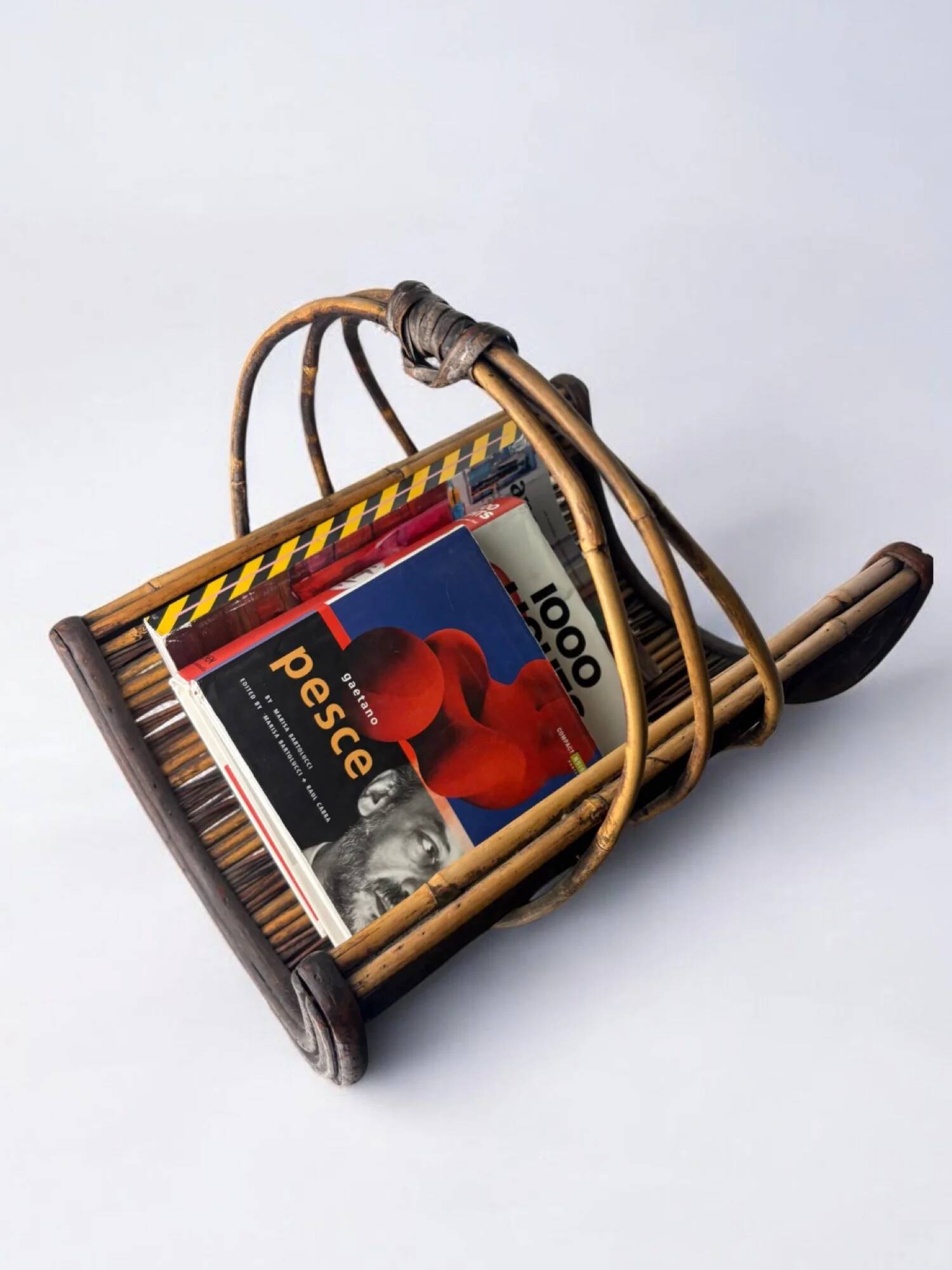 Rattan magazine rack, popular art, France, circa 1950s