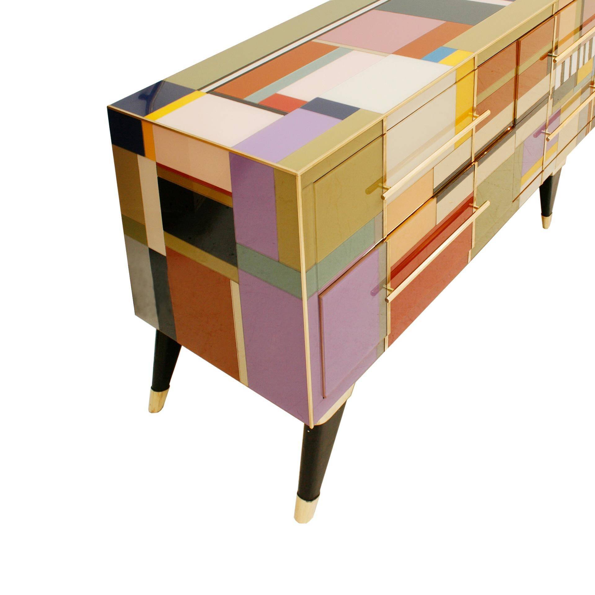 Mid Modern Style Italian Sideboard, Solid Wood & Colored Glass, Six Drawers