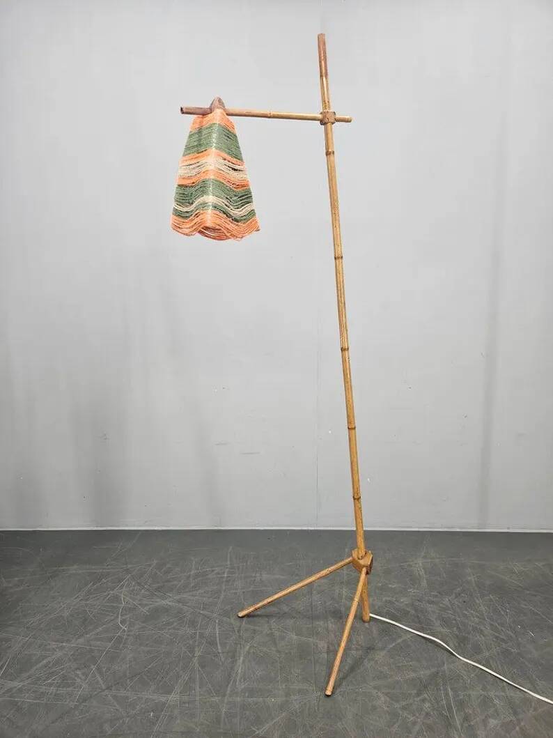 Rare Midcentury Floor Bambnoo and String Lamp, 1960s