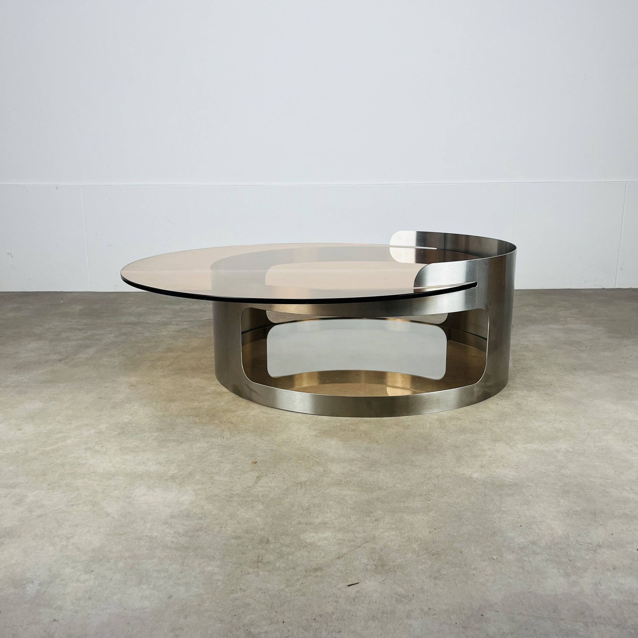 Kappa coffee table in steel and smoked glass, Maria Pergay style, 1970s.