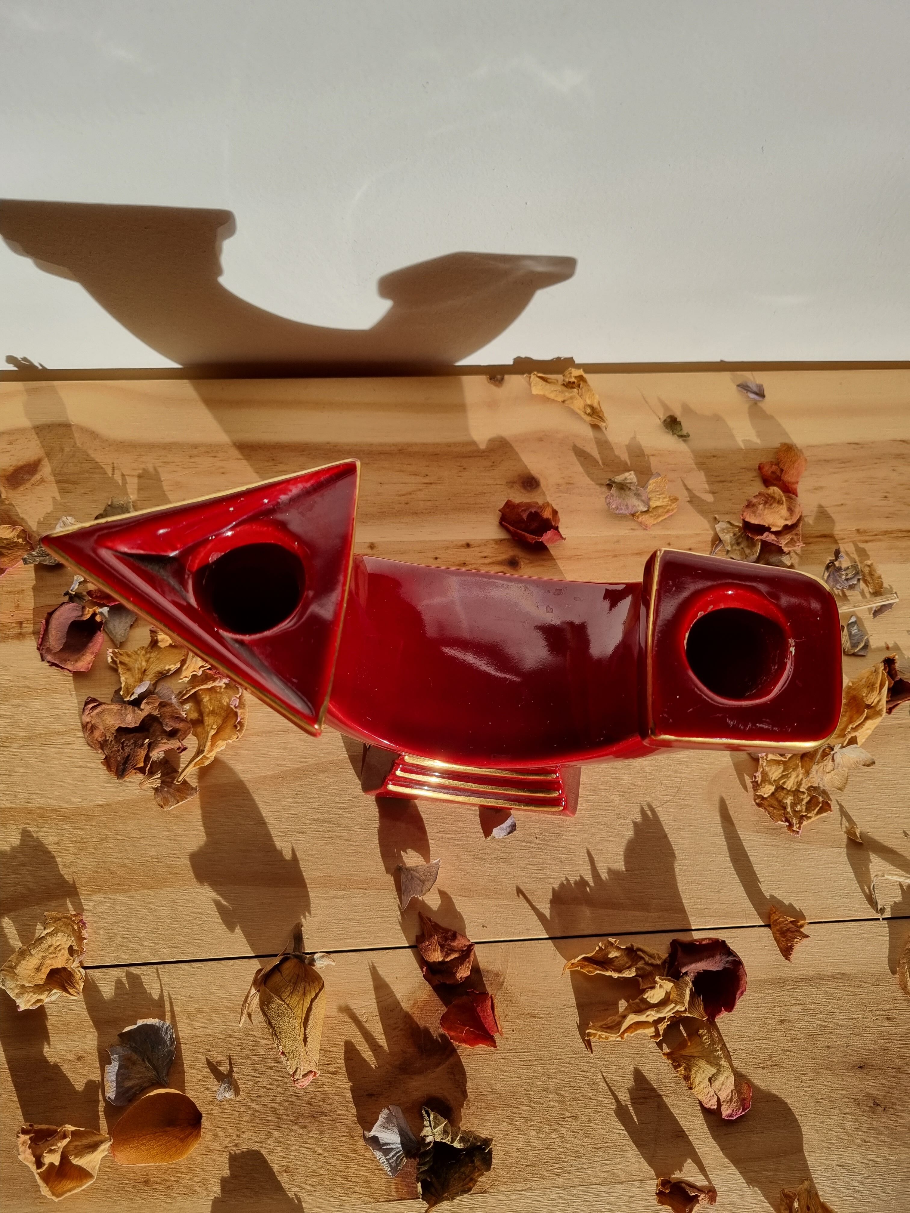 Double ceramic candle holder burgundy gilded