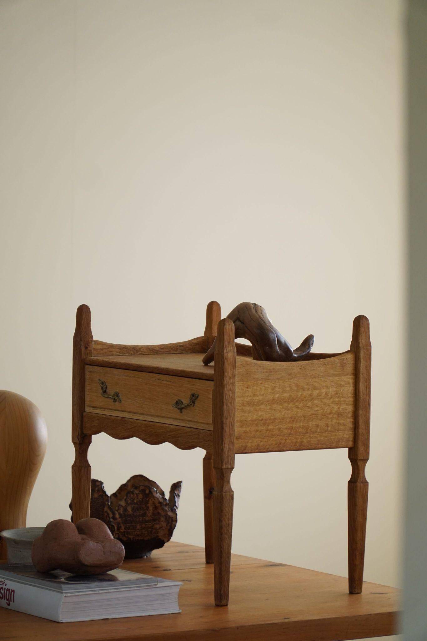 Henning Kjærnulf, oak bedside table, modern Danish, "Razorblade", 1960s