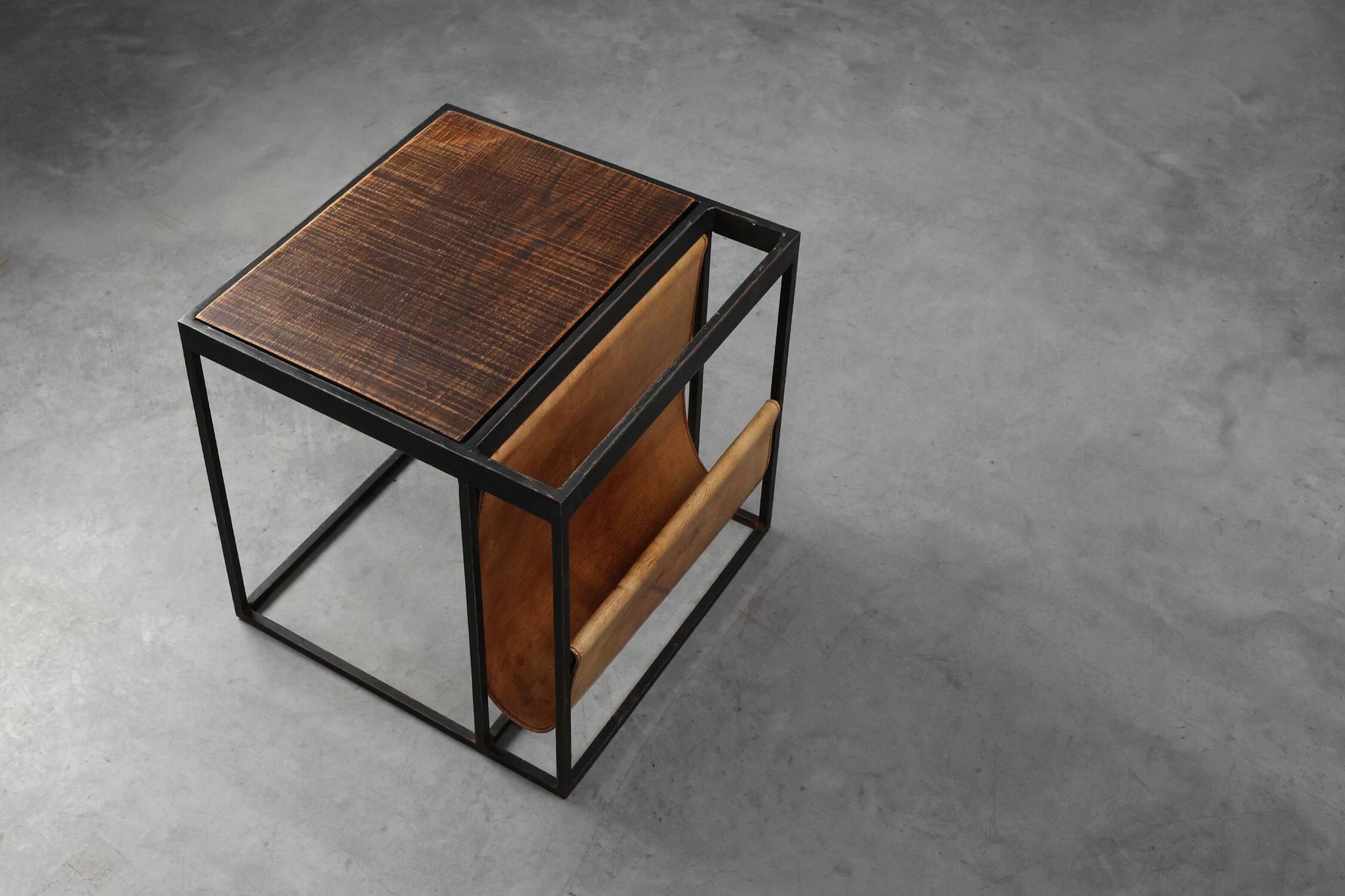 Mid-Century Magazine Holder in Metal, Wood and Leather, Belgium 1960s