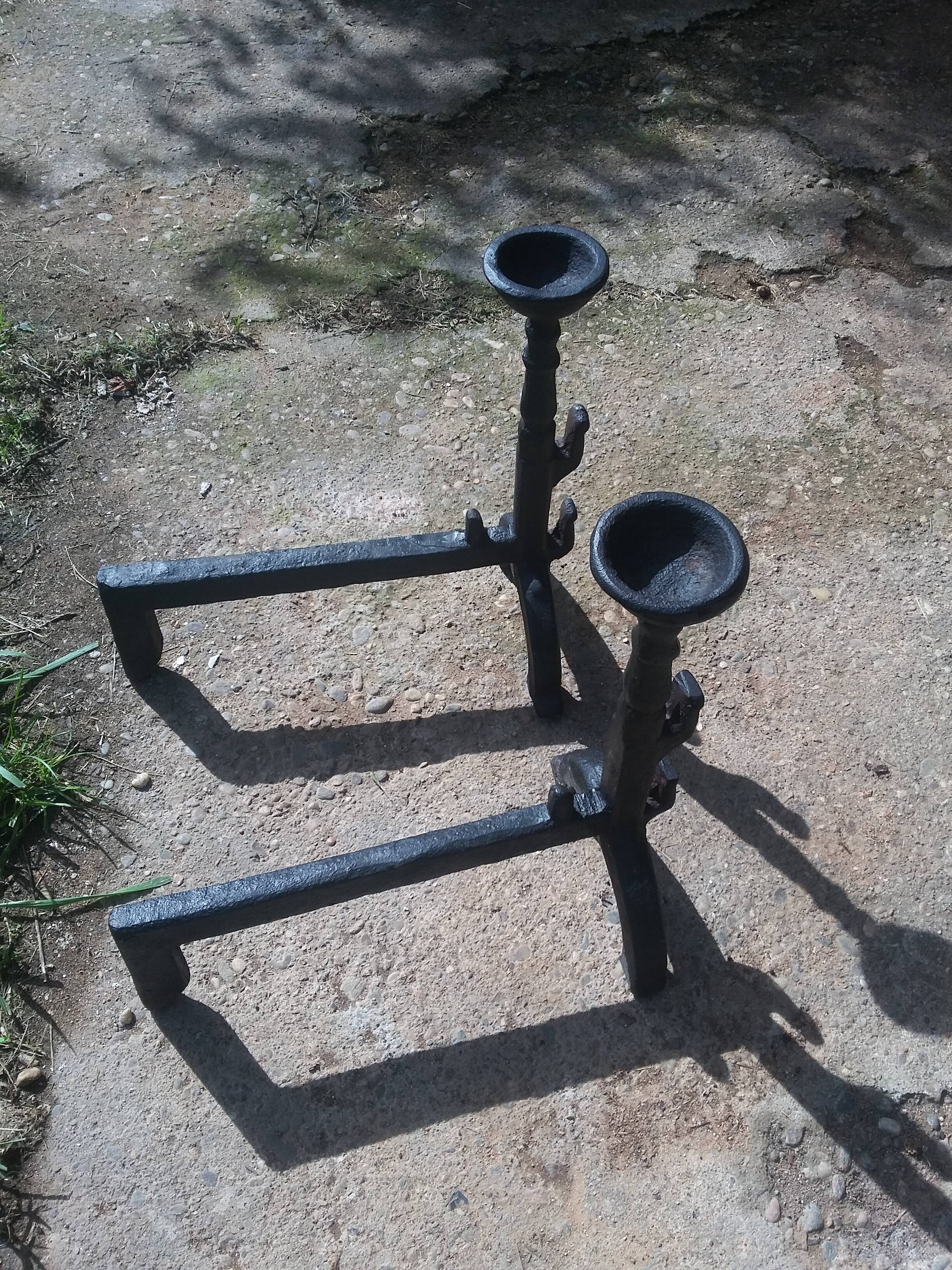 Pair of Small Fireplace Andirons with Bowls