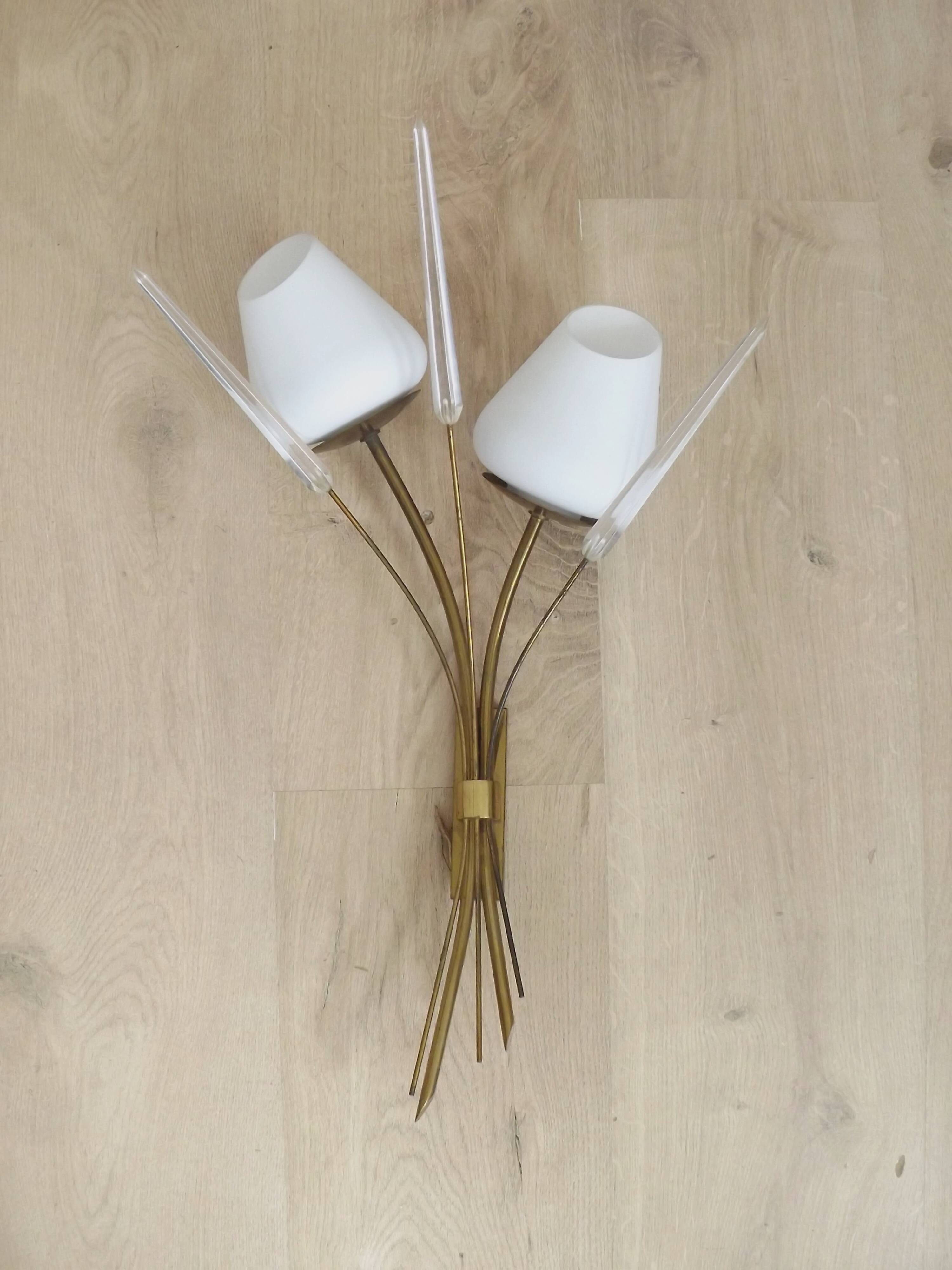 Mid-Century French Brass Sconces • Bullrush Design • Opaque Glass Shades