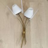Mid-Century French Brass Sconces • Bullrush Design • Opaque Glass Shades