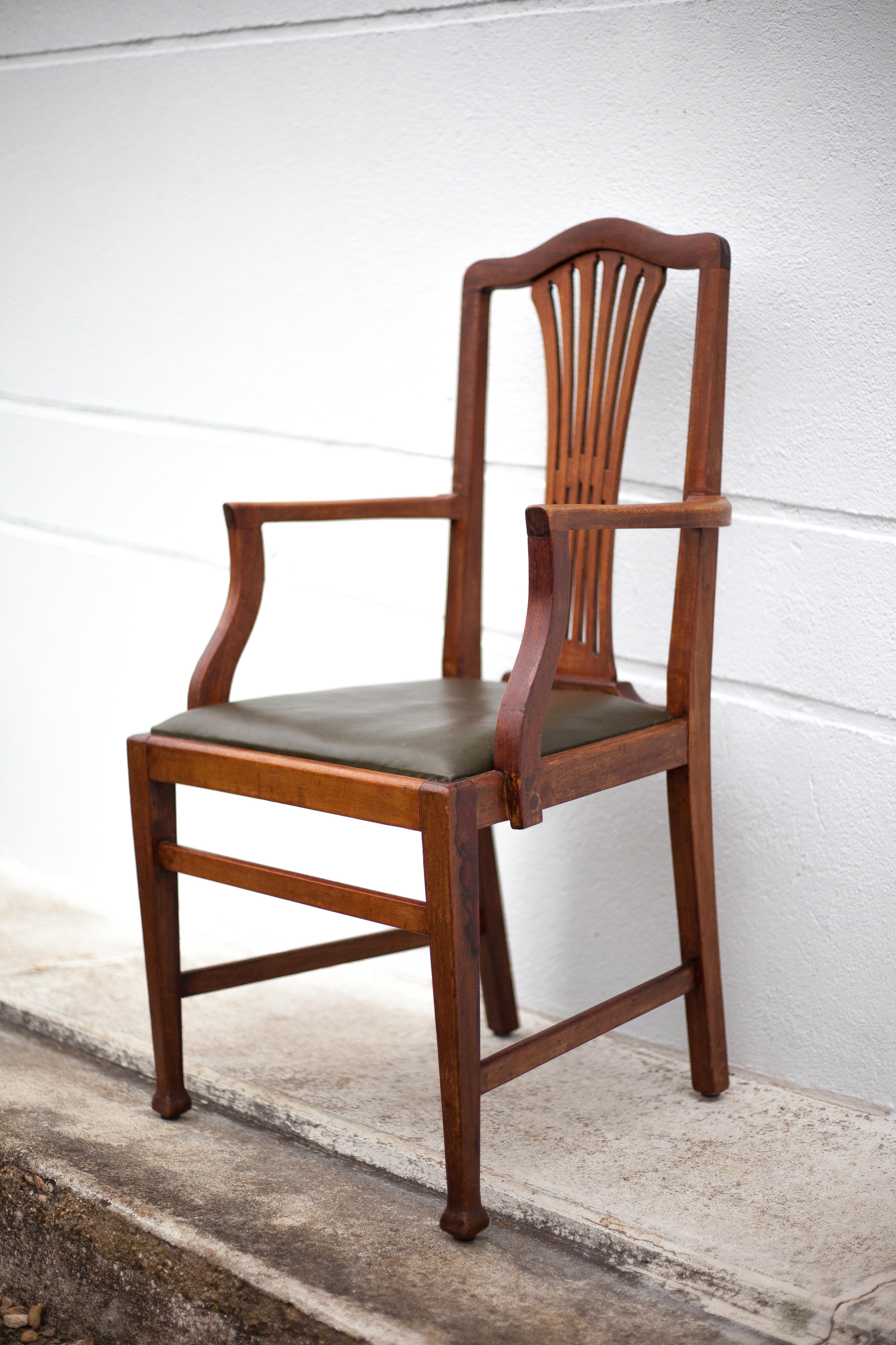 Art Nouveau armchair, wooden armchair with green leather seat, guimard style legs, living room, library