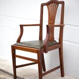 Art Nouveau armchair, wooden armchair with green leather seat, guimard style legs, living room, library